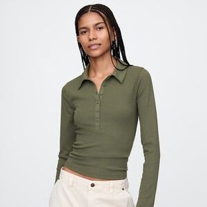 NWOT GAP Modern Wide Rib Cropped Polo Shirt in Olive Green (S Petite)